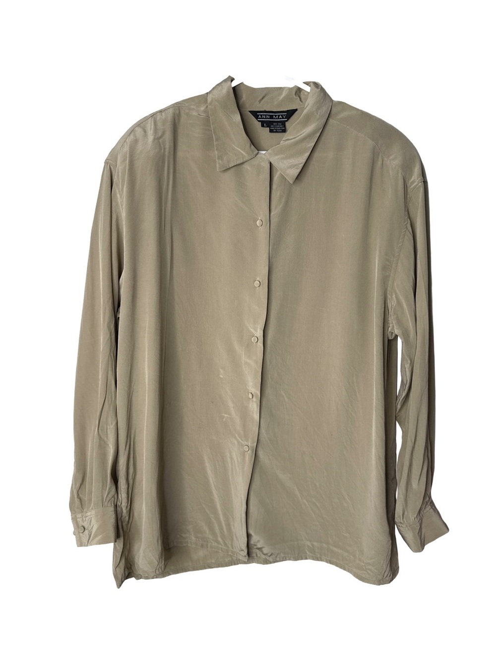 ANN MAY Vintage 100% Silk Blouse Women’s Large Tan Button-Up Shirt Long Sleeve